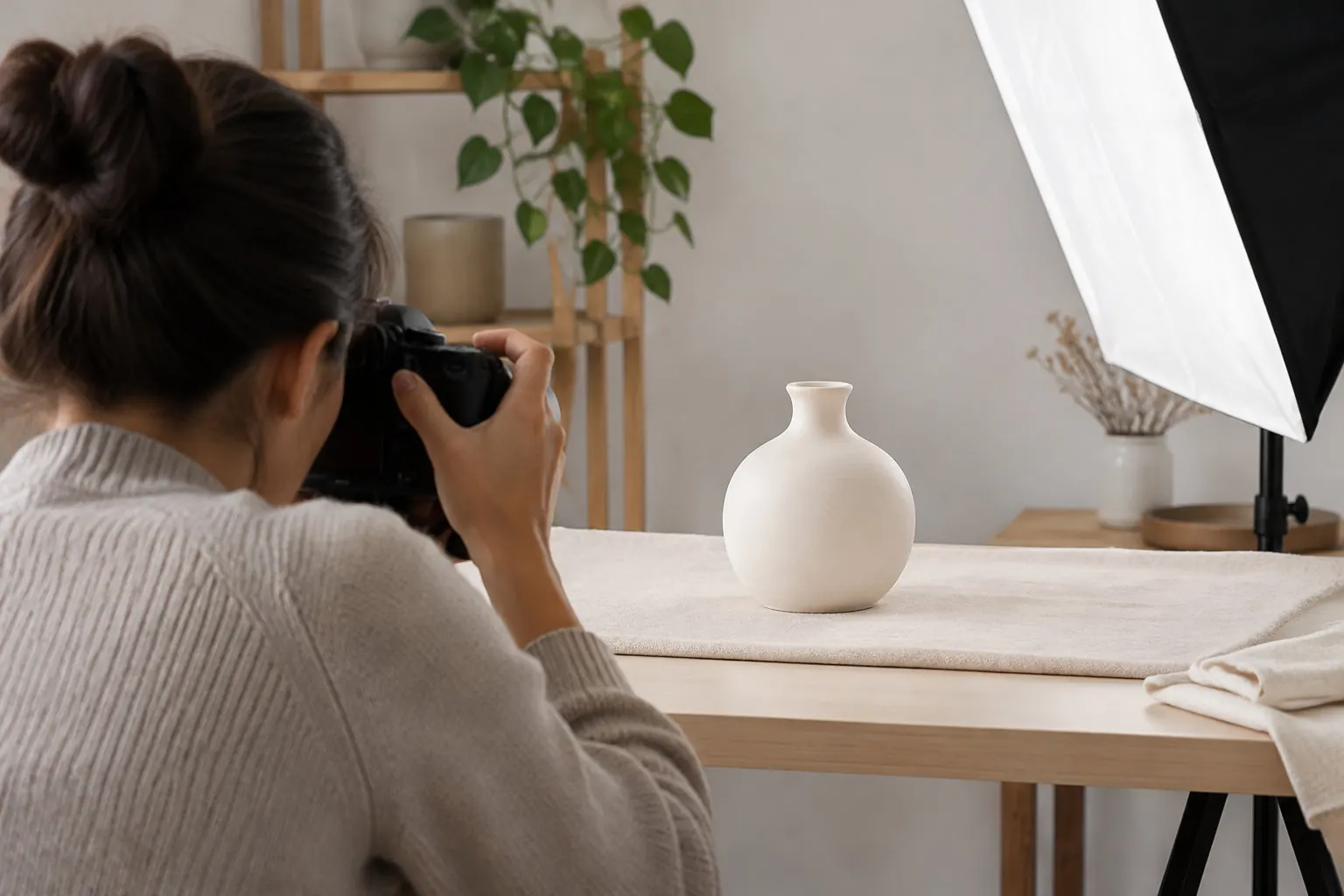 A person photographs a white ceramic vase on a table in a softly lit studio.