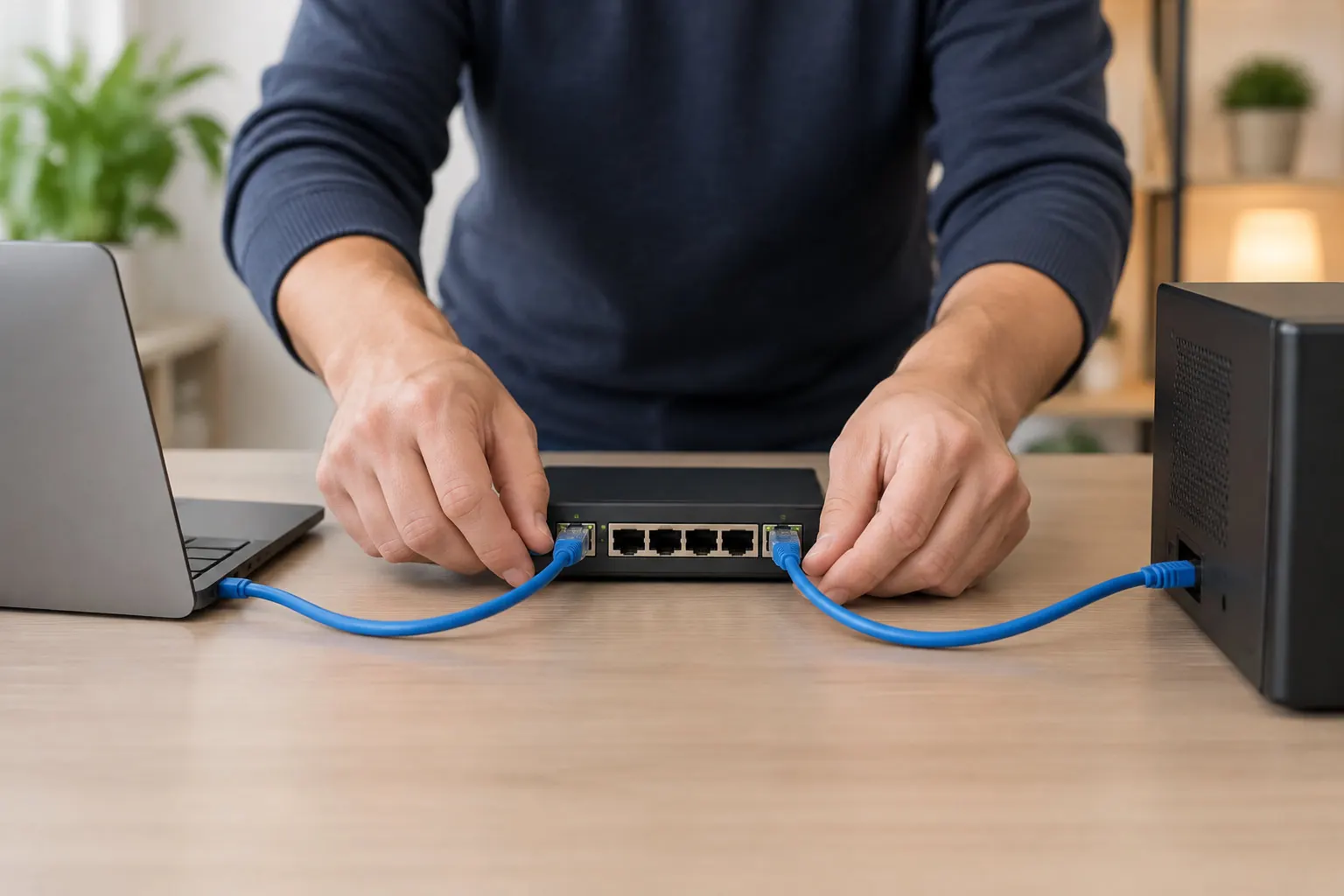 A person connects blue Ethernet cables to a small network switch between a laptop and a desktop computer on a wooden desk.