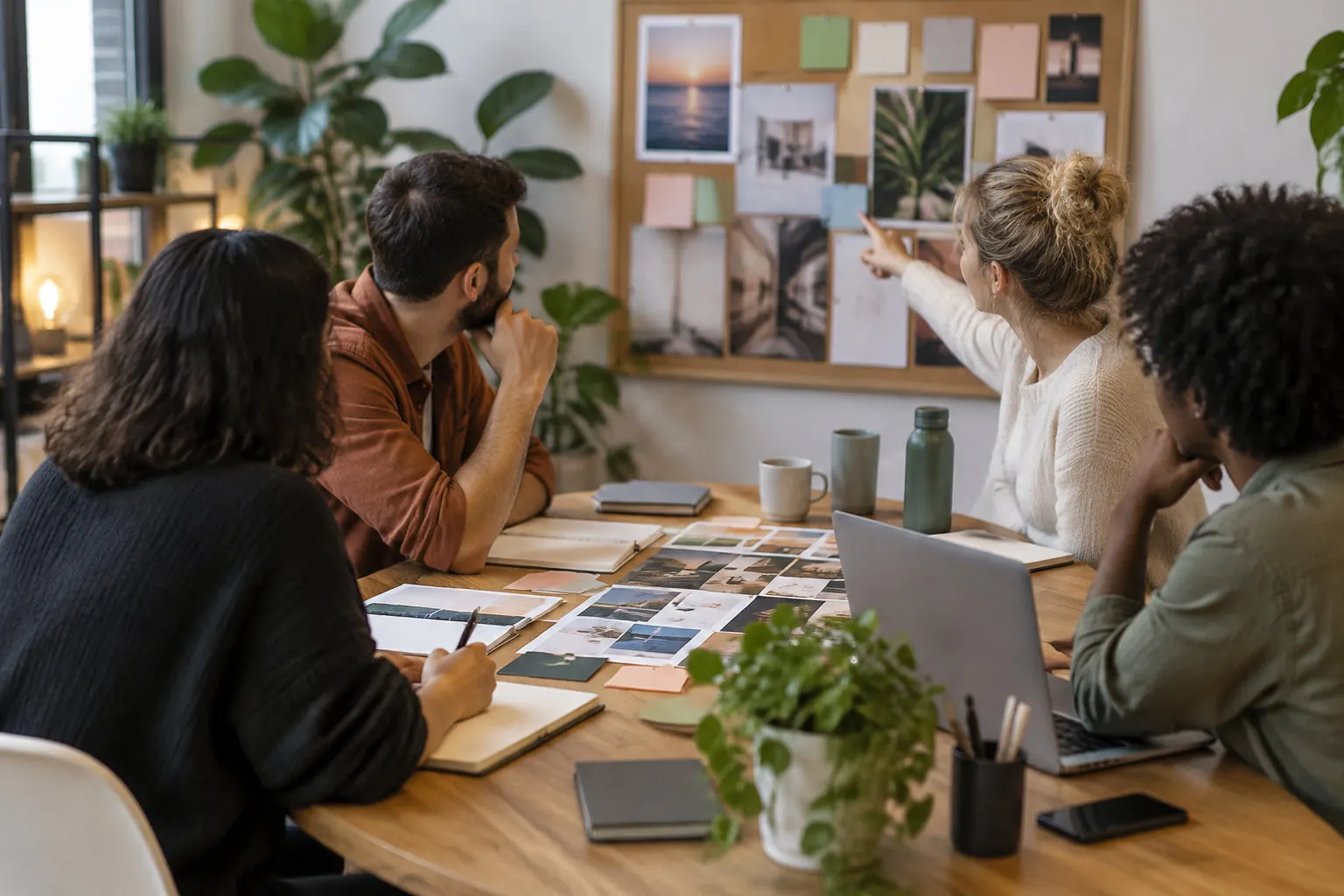 Four people collaborate around a table covered with photographs and notebooks while a woman points to images on a corkboard.
