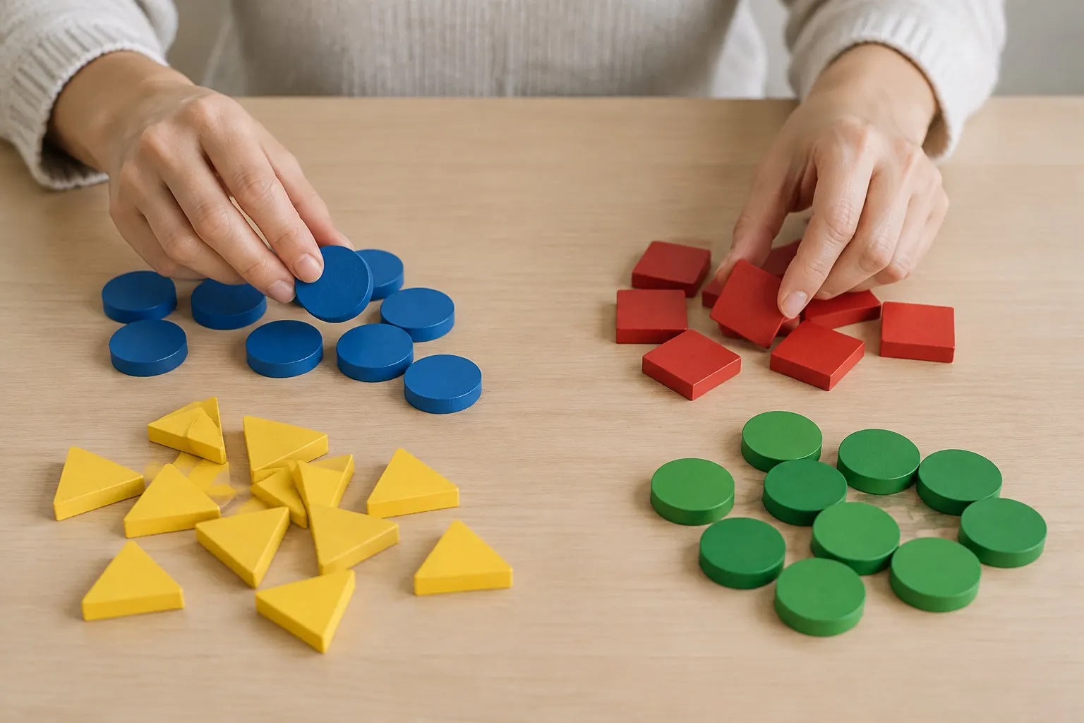 Deux mains en pull blanc trient des pièces de jeu rouges, bleues, jaunes et vertes sur une table en bois.