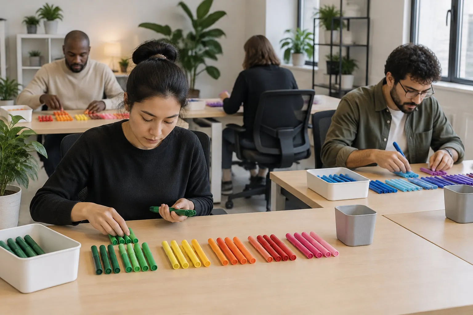 Plusieurs personnes sont assises autour de tables et trient des feutres colorés dans une pièce lumineuse aménagée avec des plantes.