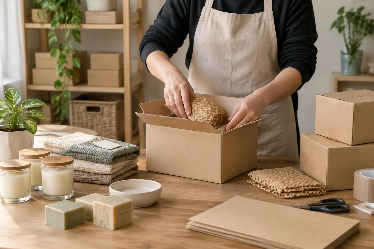 Une personne en tablier emballe un article dans du papier alvéolé à l’intérieur d’un carton, entourée de bougies, de savons, de textiles pliés, de plantes et d’autres cartons.