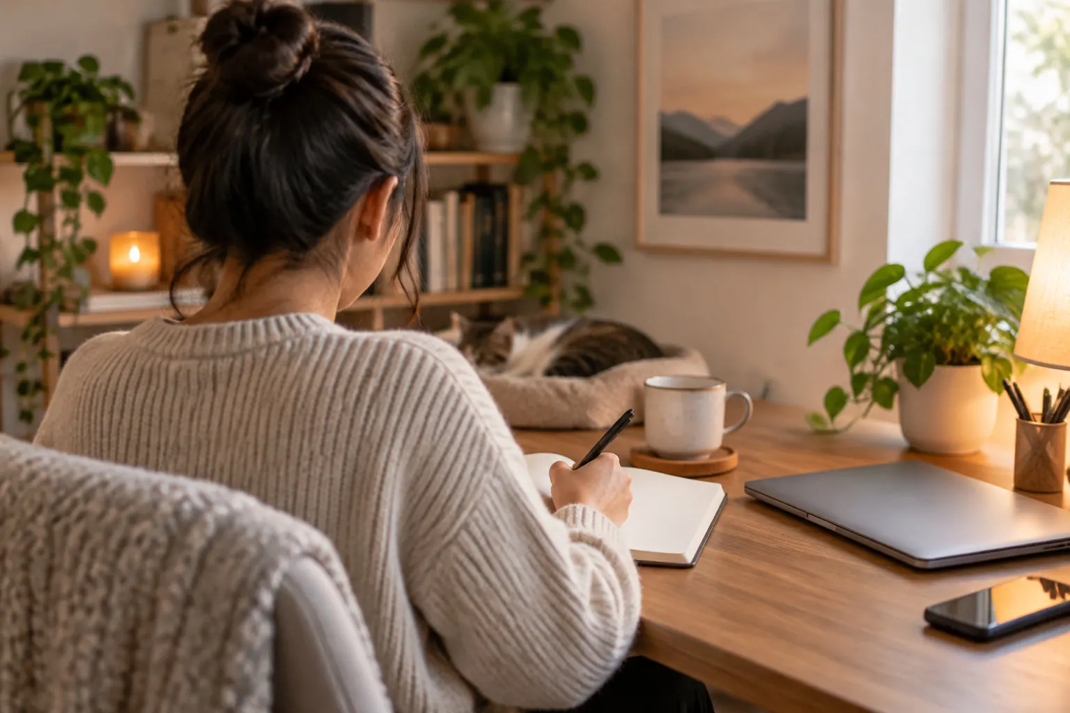 A woman in a knitted sweater writes in a notebook at a wooden desk, with a cat resting nearby, a mug, a closed laptop, and plants in the warmly lit room.
