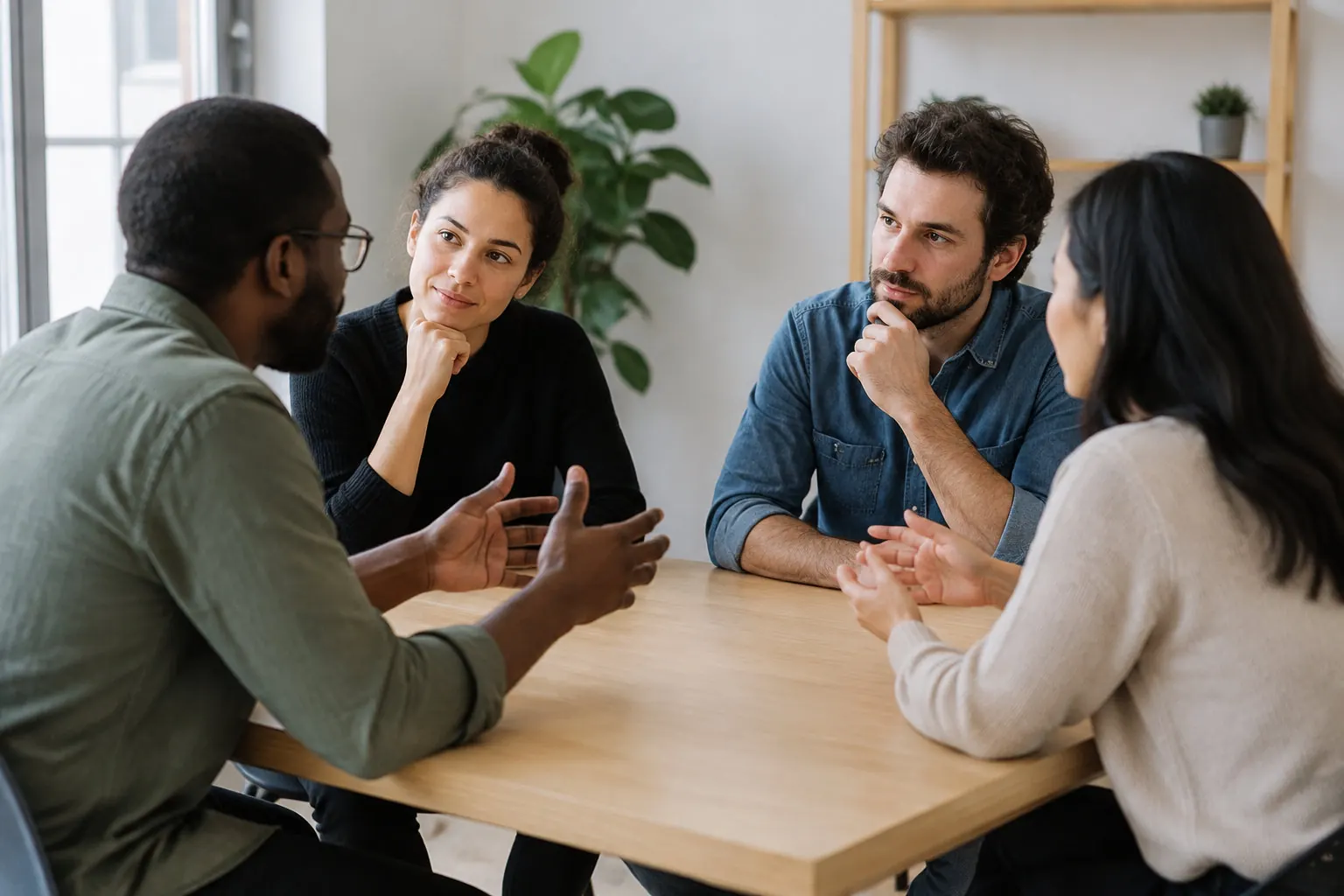 Four people sit around a wooden table in a bright room, listening as one man gestures during a discussion.