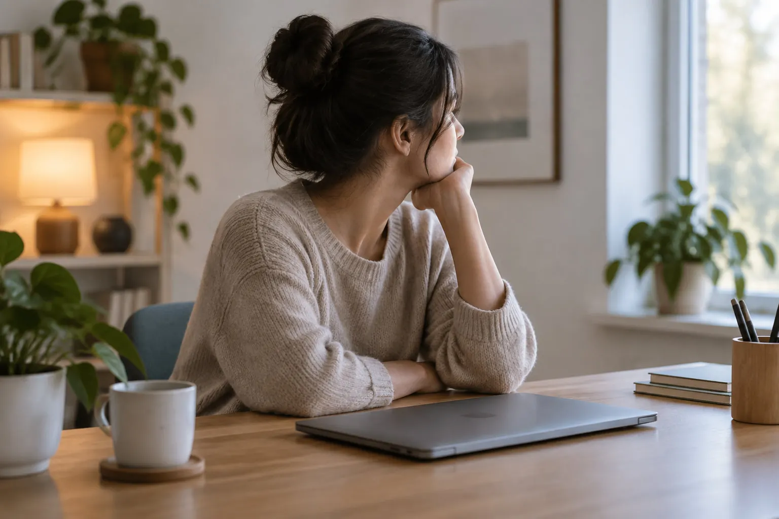 A woman sits at a wooden desk, resting her chin on her hand and looking out a window, with a closed laptop, books, a mug, and plants nearby.