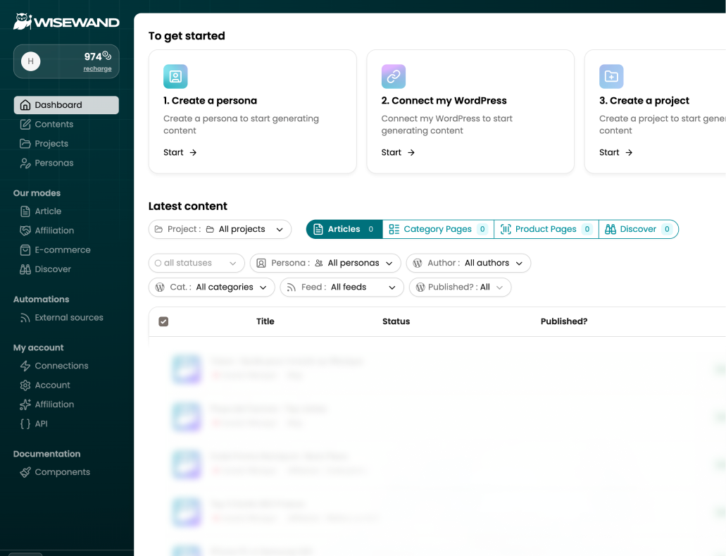 Wisewand interface: the SEO article generation dashboard