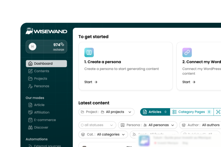 Interface Wisewand : génération d'articles SEO et planning éditorial